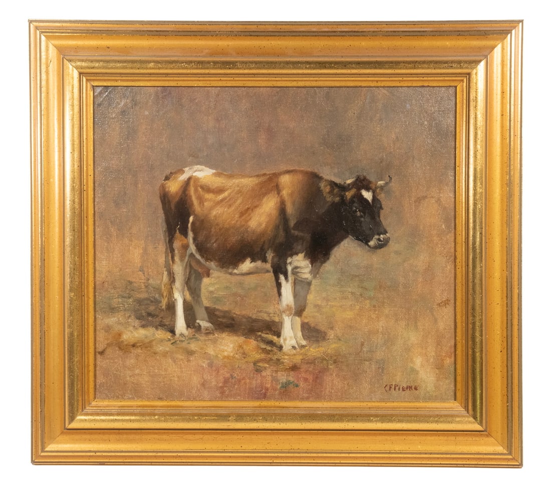 CHARLES FRANKLIN PIERCE (MA/NH, 1844-1920): Holstein Cow Portrait, oil on canvas, signed lower right, in modern gilt molded frame. Converted dimensions: Sight: 11 1/2 x 13 in. (29.2 x 33 cm.) Frame: 16 1/2 x 18 in. (41.9 x 45.7 cm.)