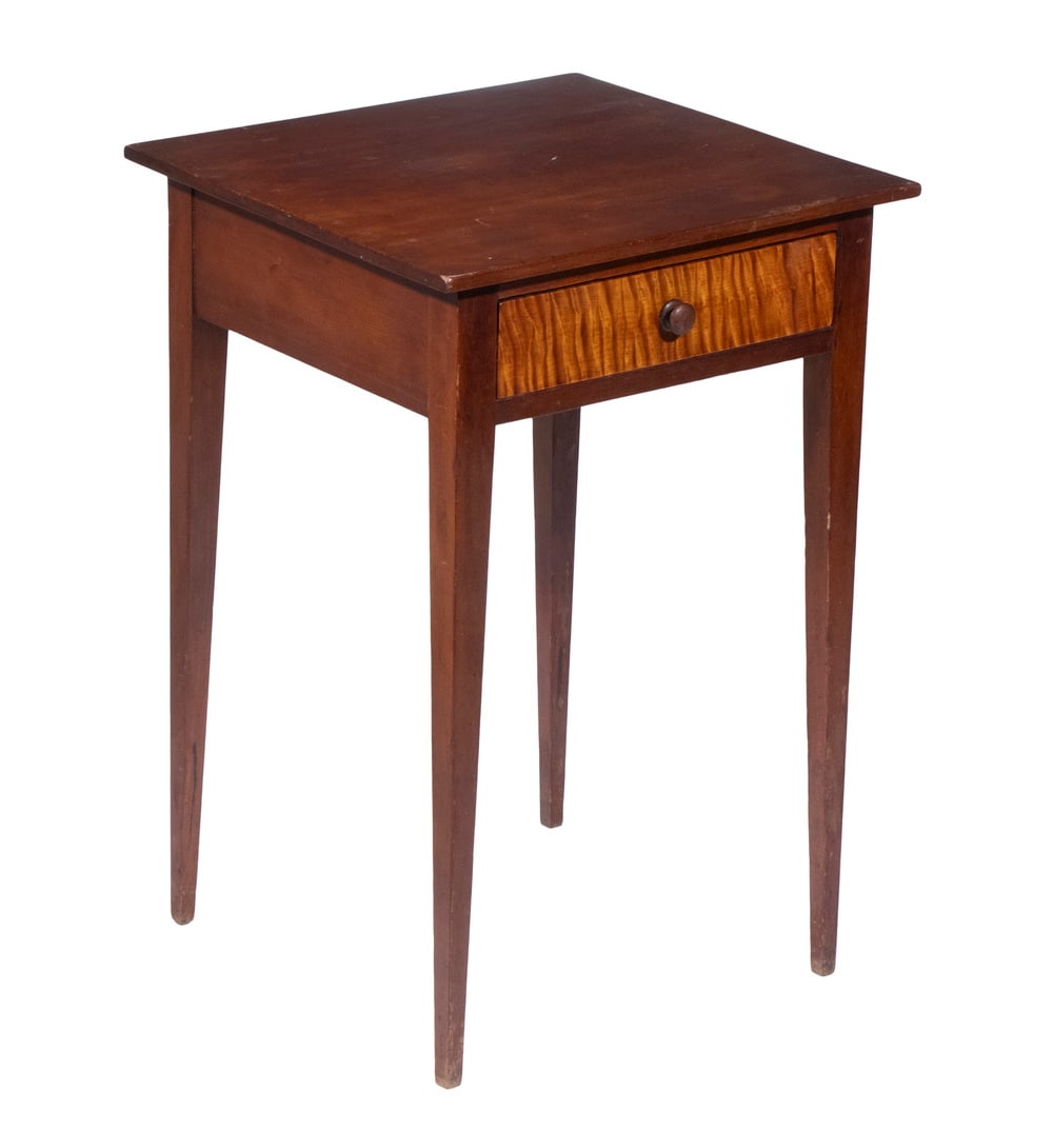 19TH C. CHERRY STAND: Country Hepplewhite Square Stand, early 19th c., having a single drawer with rampant tiger maple front, set on square tapered legs. Converted dimensions: 27 x 18 x 17 1/2 in. (68.6 x 45.7 x 44.5 cm.)
