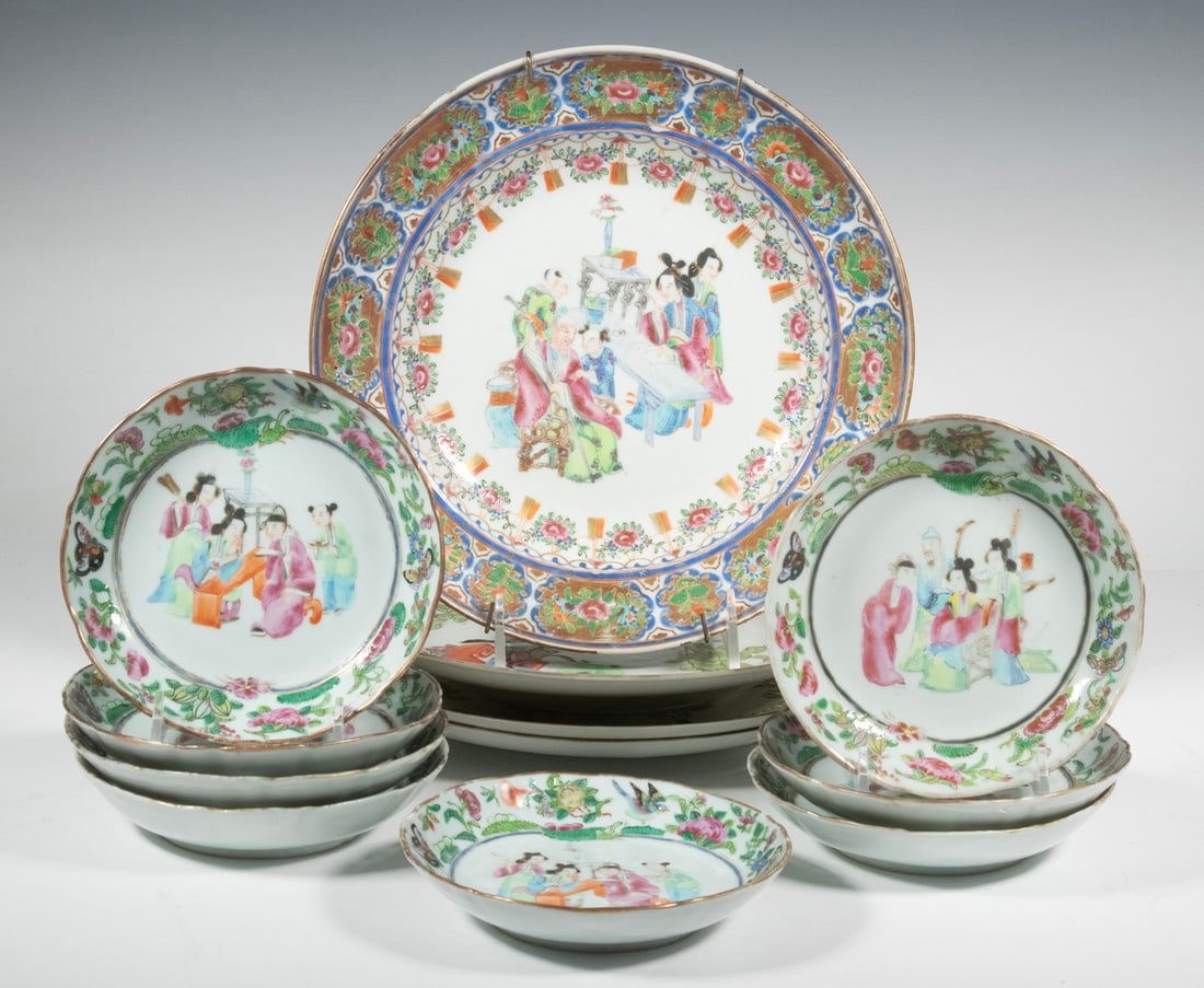 (12) CHINESE EXPORT PORCELAIN PLATES, 19TH CENTURY: Group of (12) 19th c. Plates, incl: Set of (8) small famille rose plates, each with hand painted court scene, 5 1/2" diam., four with rim chips; (1) Famille rose plate with hand painted familial scene