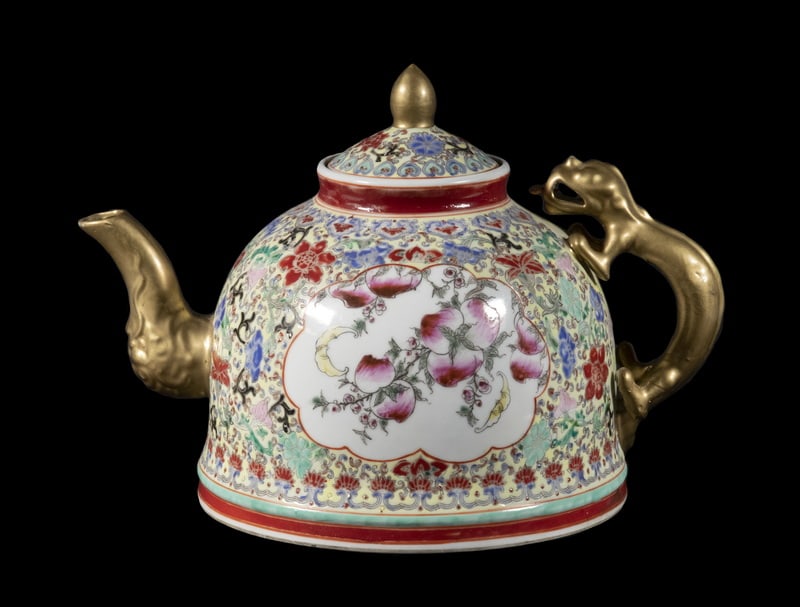 CHINESE FAMILLE ROSE PORCELAIN TEAPOT: Large Chinese Famille Rose Porcelain Teapot or Wine Pot, with gilded dragon form handle and gilded spout, central cartouche decorated with peaches and bats, surrounded by trailing vine and floral moti