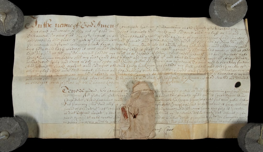1661 WILL OF CHRISTOPHER HICKMAN OF NORTHAMPTON: 1 August 1661, in Newnham, County of Northampton, under Charles II, witnessed by Thomas Leeson, Richard Hickman & John Lovell, signed and sealed, entered in probate by the Chancellor's Court of the Di
