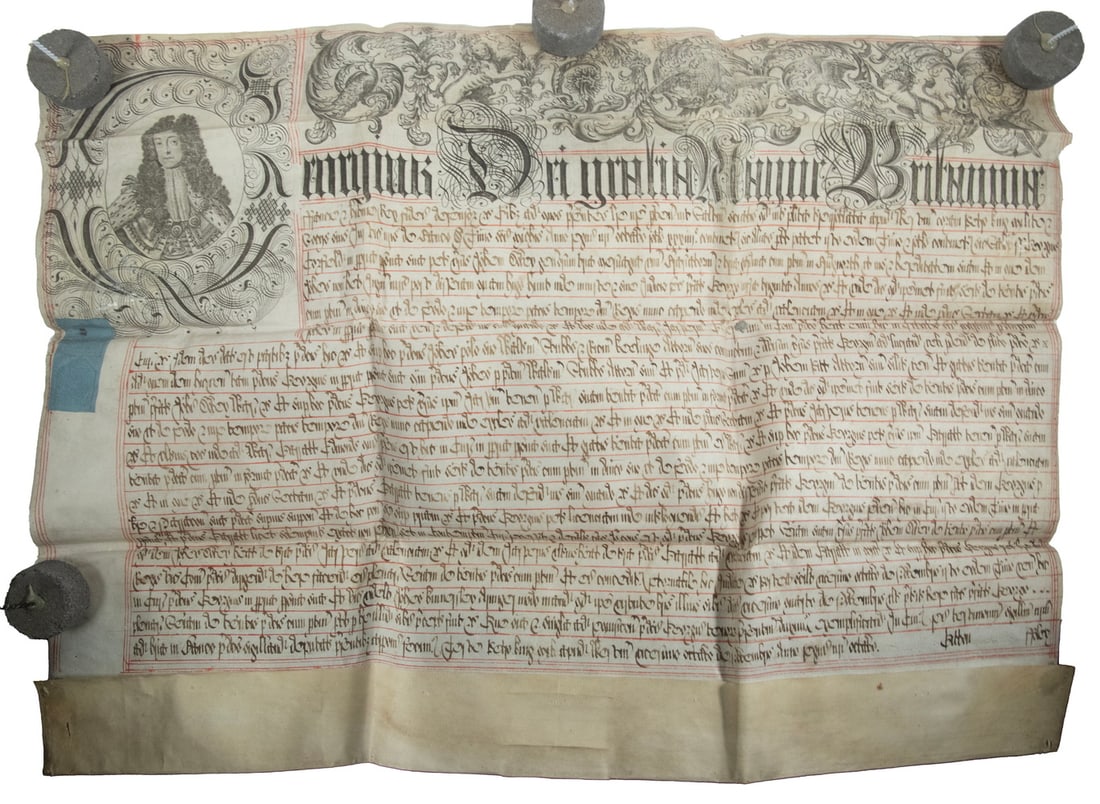 KING GEORGE II OF ENGLAND VELLUM DOCUMENT, 1740: Exemplification in Latin, partly printed, showing a portrait of the King facing left, large initial capital, and ornate header, 7-shilling tax stamp retaining bit of silver. Folded, presented in Victo