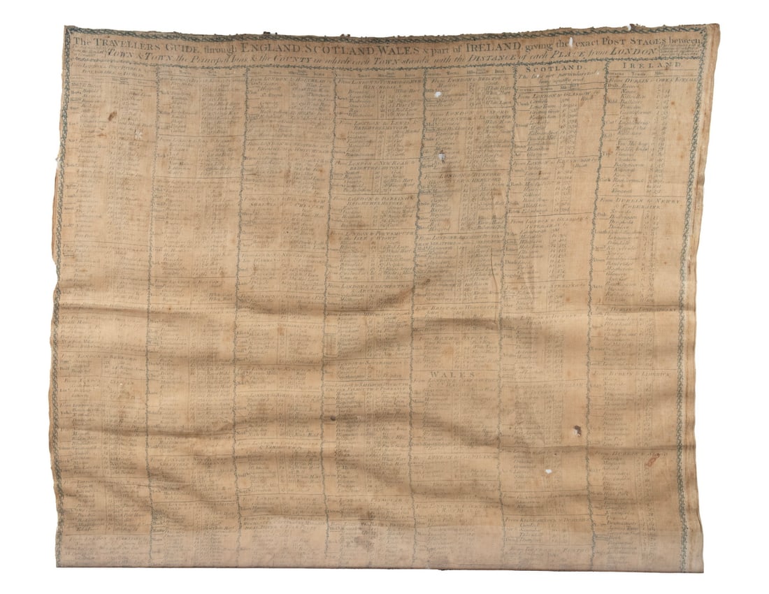 18TH C. ENGLISH CLOTH CHART OF STAGE COACH ROUTES & TIMES: Circa 1770, engraving indigo on white cotton, captioned "The Traveller's Guide through England, Scotland, Wales & Part of Ireland, giving the Exact Post Stages between Town & Town the Principal Inns &