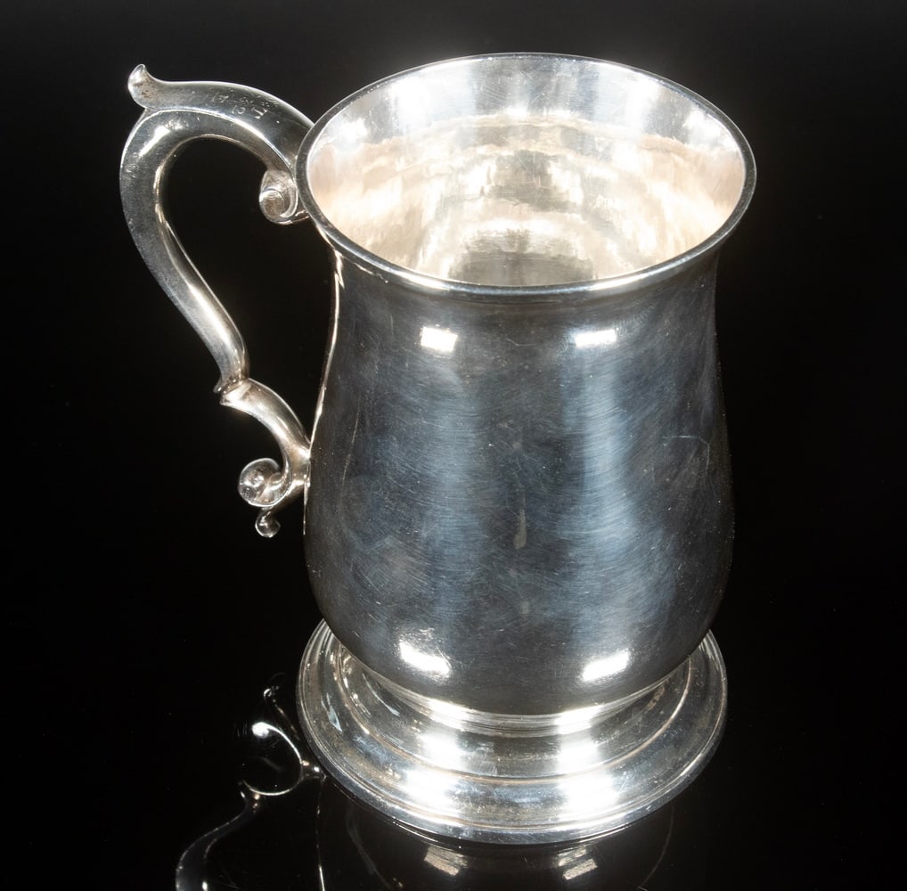 GEORGE II PERIOD STERLING MUG BY ROBERT COX: English Silver Baluster Form Tankard, hallmarked for London, 1759 by silversmith Robert Albin Cox, with scrolled handle, handle top engraved "ST, 1732, SE", set on a stepped foot, 12.44 ozt. Converted