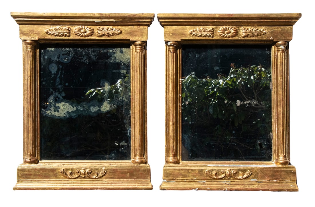 PR OF PERIOD NEOCLASSICAL GILDED MIRRORS: Split Column Pier Mirrors, each having a gilded surface with raised rosette and acanthus leaf decorated frieze, flanked by reeded half columns, 31" x 25". Converted dimensions: Each: 31 x 25 in. (78.7