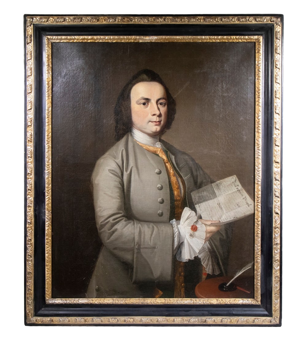ATTRIBUTED TO JOHN SINGLETON COPLEY (UK/MA, 1738-1815): Portrait of Hon Lancelot Iveson (1730-1803), of Black Bank, Leeds, oil on canvas, unsigned, depicting the middle-aged Barrister in a dove grey coat over a gold brocade vest, holding a legal document i