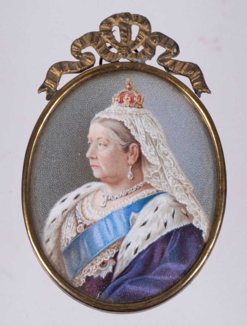 MINIATURE & CDV PHOTO OF QUEEN VICTORIA: Oval Bust Portrait, oil on ivory, in thin brass frame having riband crest, under domed glass, 3 1/4" x 2 1/8"; PLUS Carte de Visite photo in modern gold frame with integral easel, under glass, 7" x 5"