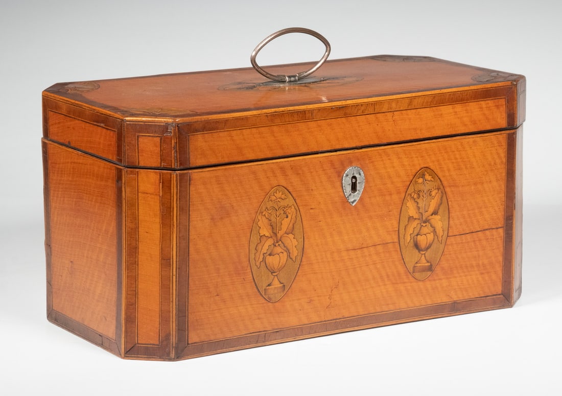 INLAID SATINWOOD TEA CADDY WITH ORIGINAL MIXING BOWL: 19th c. Triple Compartment Tea Box, the exterior with oval patera inlaid top and front panels, canted corners and crossbanded edges, silver escutcheon (with key), conch shell inlaid lid interior, two