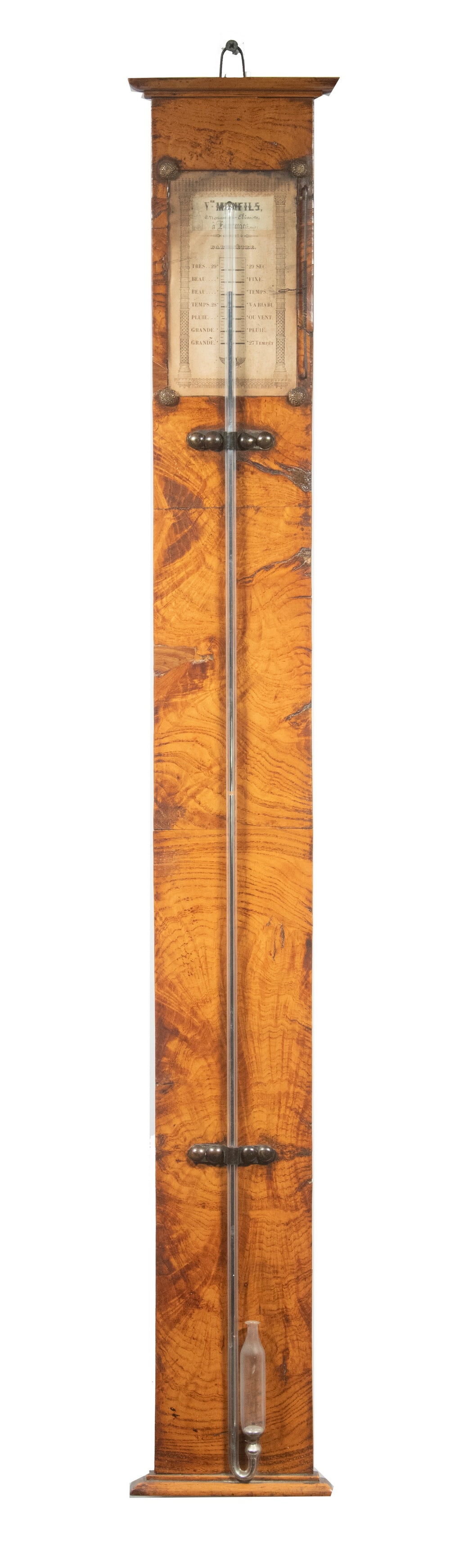 EARLY FRENCH BAROMETER: 18th c. Stick Barometer, having a glass tube mounted on a burl fruitwood veneered plaque with top and base cornice, with paper label under glass marked "Vor Monfils, menu ebeniste" (possibly a cabinet
