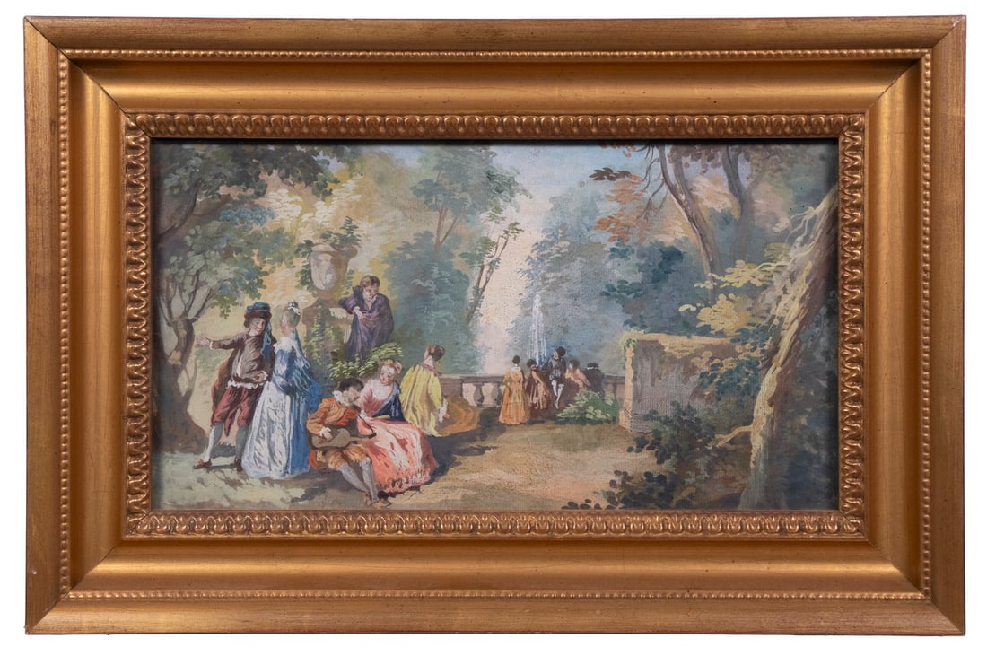 18TH C. FRENCH BUCOLIC COURTSHIP SCENE: Five Couples in a Verdant Park with Fountain, watercolor on laid paper, unsigned, in modern gold frame, under UV glass.From the Estate of Bowdoin Professor William Collins Watterson. Converted dimensi