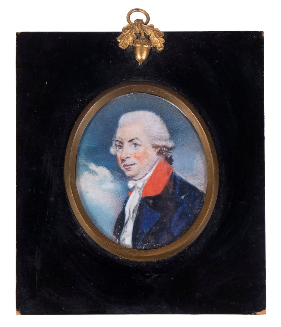 19TH C. PORTRAIT OF 18TH C. FRENCH ARISTOCRAT: Oval bust portrait of a Bewigged Gent in a military jacket, glaring at the viewer with intense blue eyes, in a rectangular lacquered panel frame with gilt acorn hanger, under brass bezel and domed gla