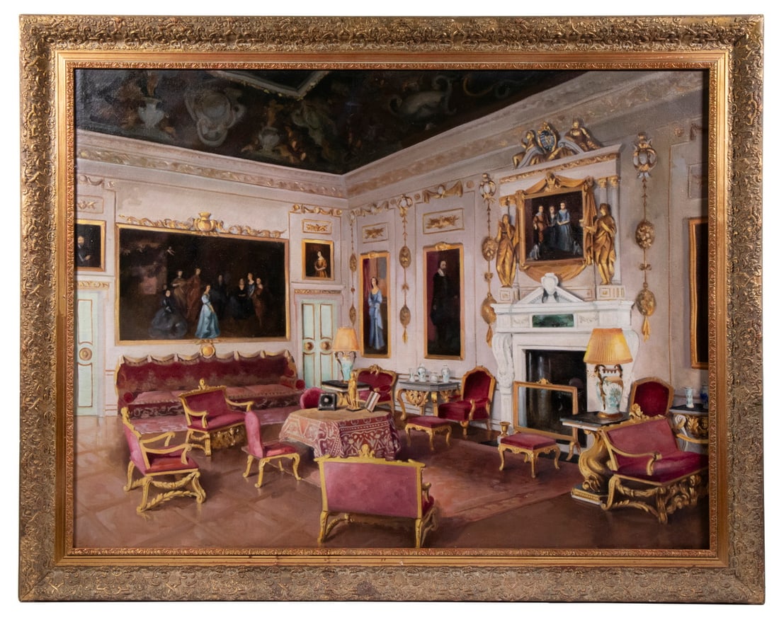 ALADAR EDVI-ILLES (HUNGARY, 1870-1958): Interieur d'un Chateau... d'Oeuvre de Celebre Peintre Hondius (?), oil on canvas, signed lower right (obscured by frame), titled on label fragment verso, housed in gilt gesso frame. Converted dimensio