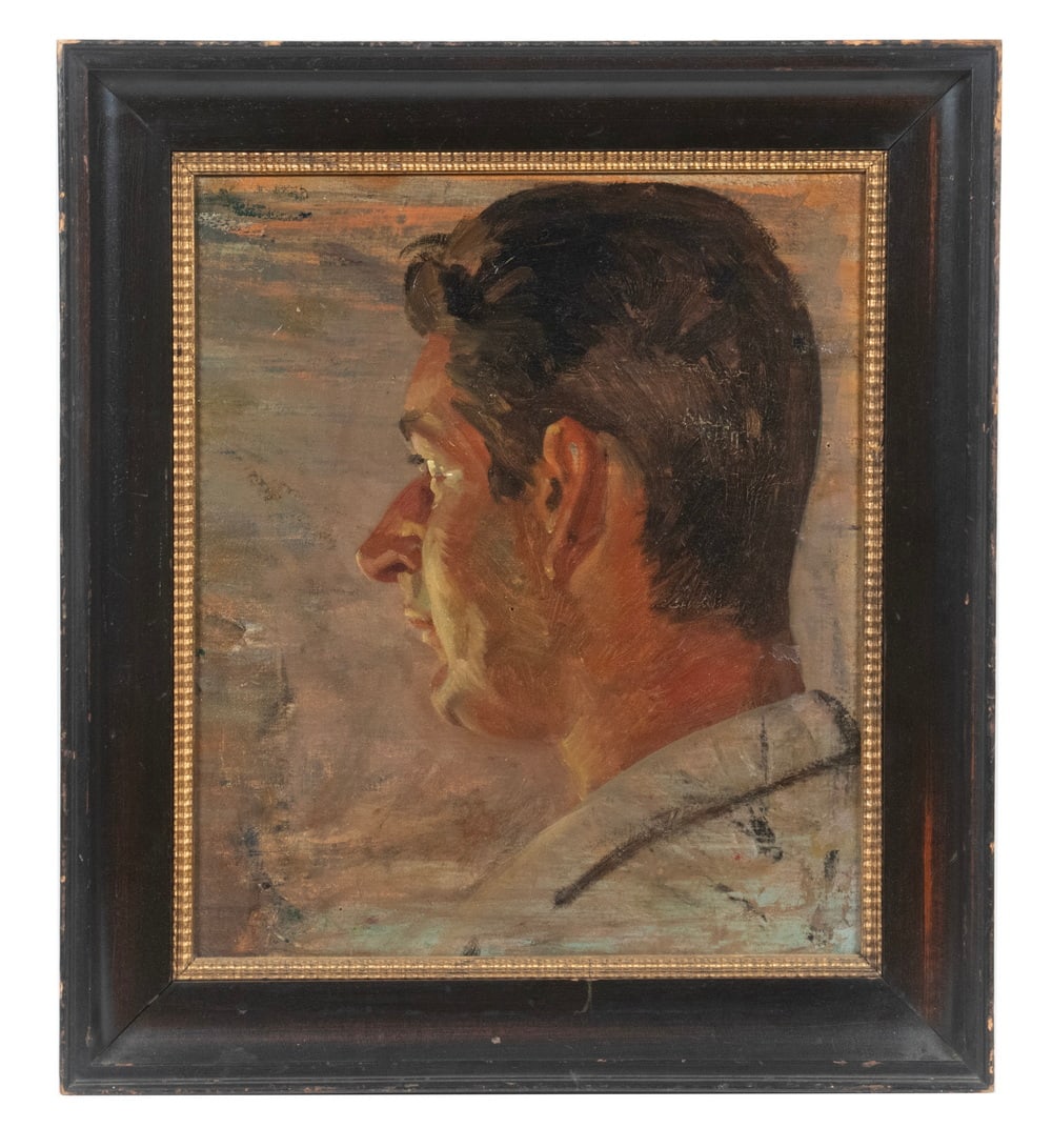 HERMAN ABERT GUDE VEDEL (DENMARK, 1875-1948): Profile Self-Portrait Head of the Artist, oil on canvas board, unsigned, in dark mahogany cove frame with gold liner.From the private collection of Sally Jessy Raphael Converted dimensions: Sight: 14 
