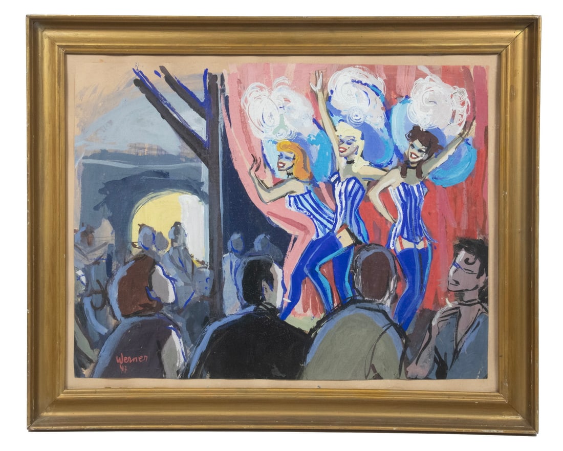 ERIK WERNER (DENMARK, 1930 - ): Can-Can Dancers, gouache on paper, tipped to board, signed lower left and dated '47, in gold cove frame with linen liner, under glass.From the private collection of Sally Jessy Raphael Converted dimen