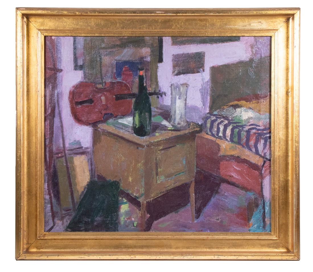 UNIDENTIFIED LATE 19TH C. DANISH ARTIST: The Artist's Studio, depicting a cluttered space with wine bottle and viola on table next to striped bed, oil on canvas, unsigned, in gilt cove frame, craquelure.From the private collection of Sally J