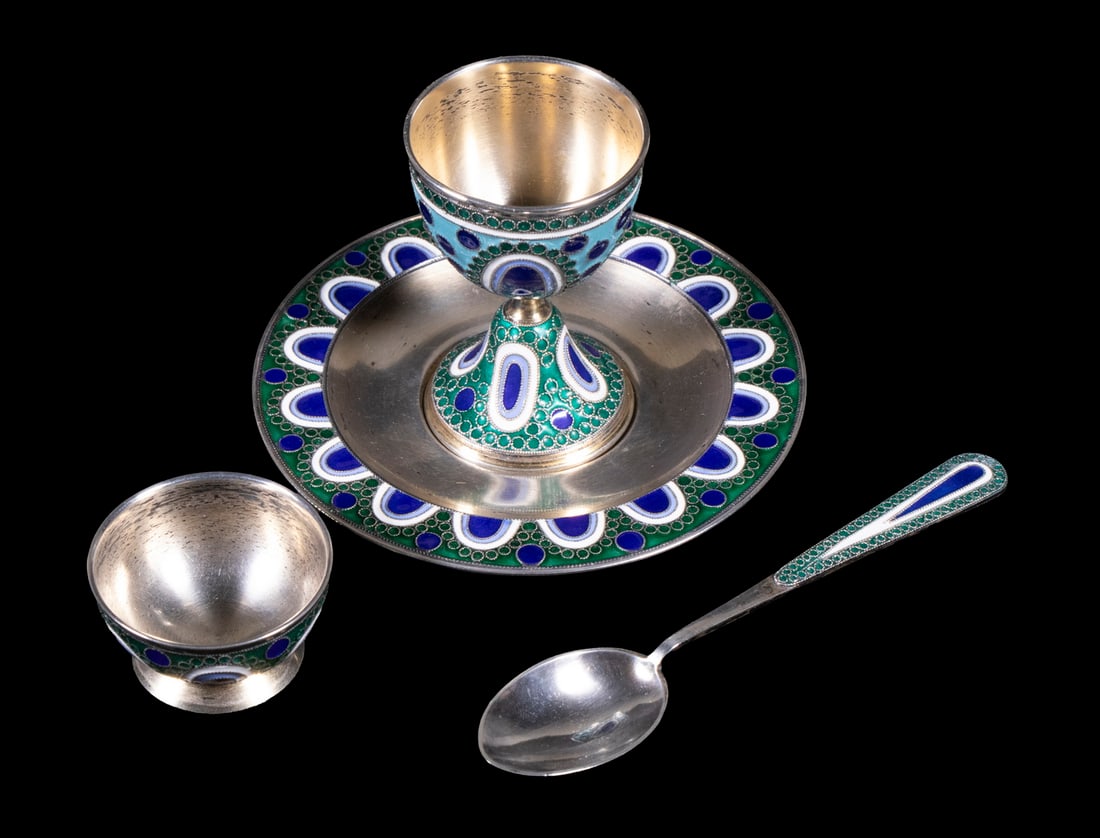 (4 PC) RUSSIAN SILVER GILT & CLOISONNE ENAMEL EGG SET: Soviet Era (4) Piece 916-Silver Serving Set, 1950s, having blue, green and white enamel decoration, with mark for Leningrad and unknown Cyrillic maker's mark (IZS or O), one piece also stamped "Sterli