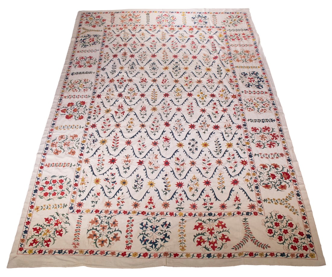 19TH C. CAUCASIAN EMBROIDERED TEXTILE 7' 10" x 12' 0": Large Kaitag Floral Embroidered Tablecloth in silk chainstitch on cream silk crepe, from the northwest of Derbend in the Dagestan region of the Caucasus, overall floral vine lappets and borders in red