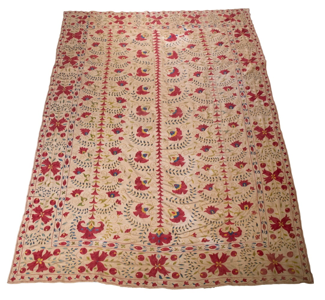 19TH C. CAUCASIAN EMBROIDERED TEXTILE 8'2" x 6'8": Large Kaitag Floral Embroidered Tablecloth in silk chainstitch on cream silk crepe, from the northwest of Derbend in the Dagestan region of the Caucasus, overall floral blossoms in red and green, ligh