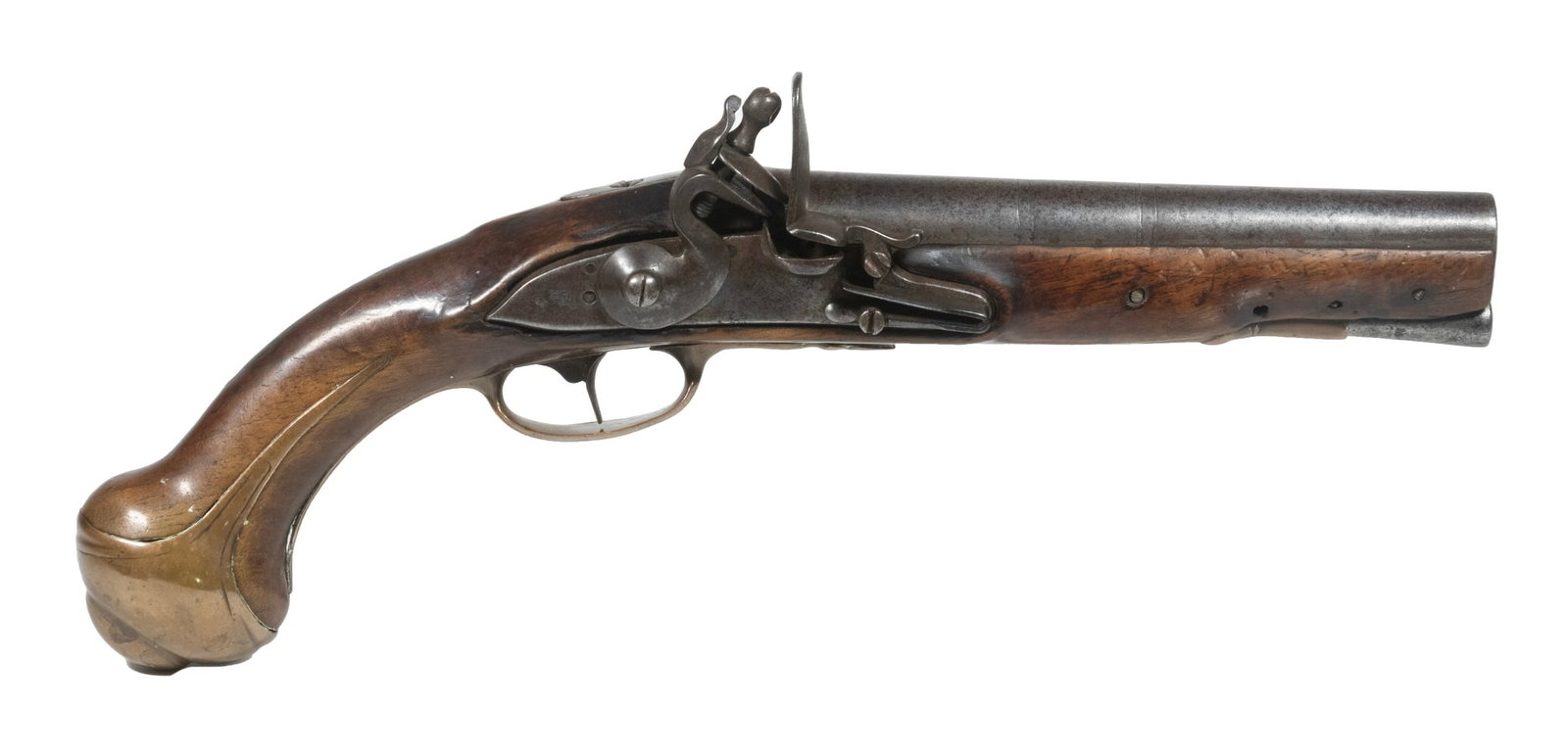 REVOLUTIONARY WAR FLINTLOCK PISTOL, .67 CALIBER: An officer's pistol dating back to the Revolutionary War. The pistol is made in the style of British pistols made for the Light Dragoon divisions but does not bear typical British markings. Likely a p