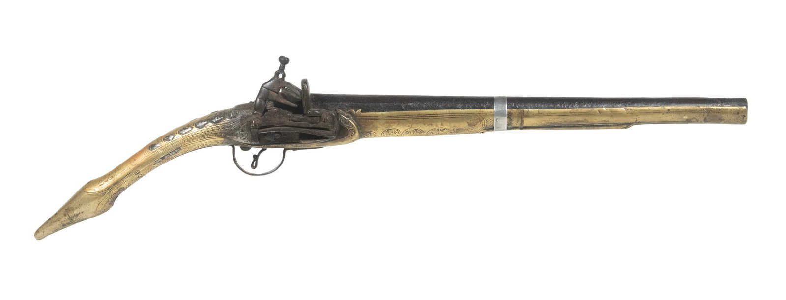 INDO-PERSIAN FLINTLOCK PISTOL: An offering of an elegant pistol likely originating from the Indian subcontinent. The pistol features a long steel barrel in a brass stock embossed with scrollwork motifs throughout. The pistol is in 