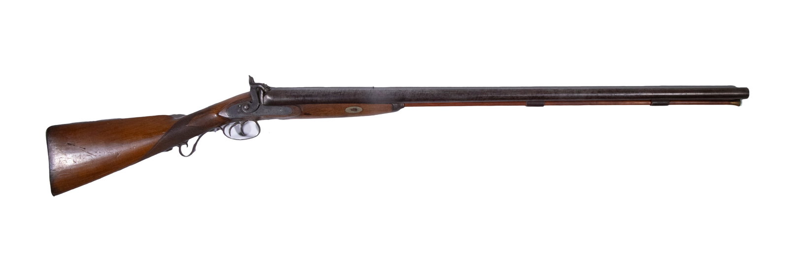 JOAB HAPGOOD DOUBLE BARRELED PERCUSSION SHOTGUN, 10 GAUGE: An offering of a massive shotgun made by the gunsmith Capt. Joab Hapgood of Shrewsbury, Massachusetts. The gun features two damascus-rolled barrels mounted to a walnut stock with fine hand checkering 