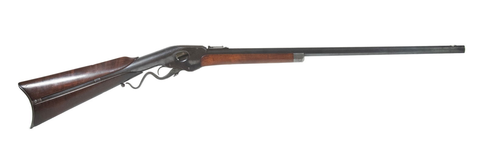 EVANS REPEATING RILFE, .44 EVANS LONG: An offering a truly remarkable and unique piece of Maine History! This rifle was originally designed by the dentist Dr. Warren R. Evans of Thomaston, Maine along with his brother George. The rifle is