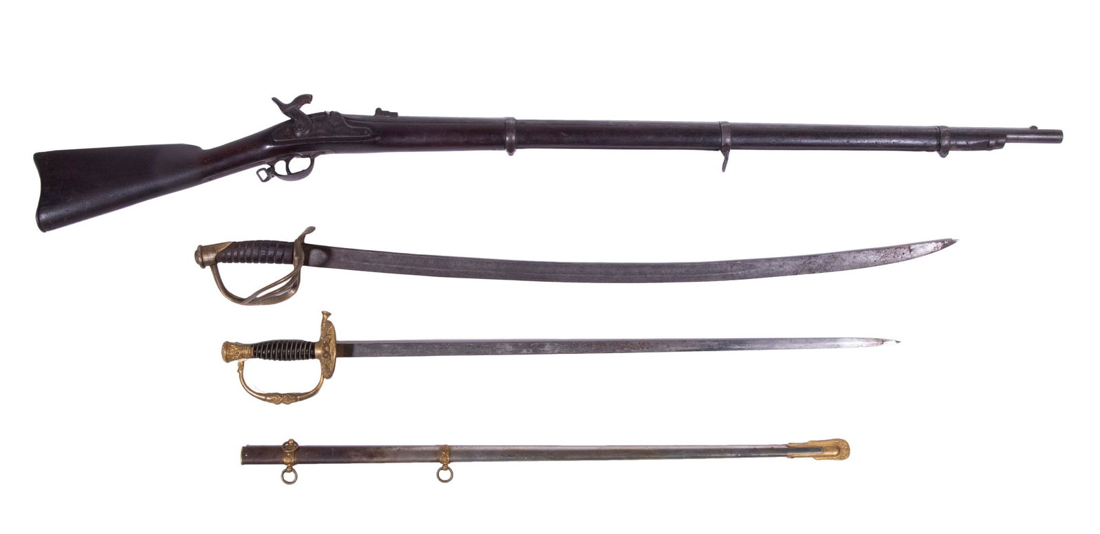 SPRINGFIELD 1863 MUSKET, GAR SWORD, & SABER BELONGING TO NAVY LANDSMAN: A lot including a Springfield 1863 musket made for the Massachusetts militia, a M1860 G.A.R. sword, and an M1860 cavalry saber alleged to belong to U.S. Navy landsman Alexander Mackerell of Athol, Mas