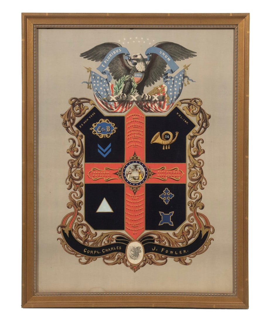 56TH NEW YORK INFANTRY CIVIL WAR SOLDIER'S BATTLE RECORD, FRAMED: War Record of Corporal Charles J. Fowler of the 56th New York Volunteer Infantry, lithograph Print with hand painted lettering and unit patches painted."Mustered on Aug 1st, 1861; Siege of Yorktown; S