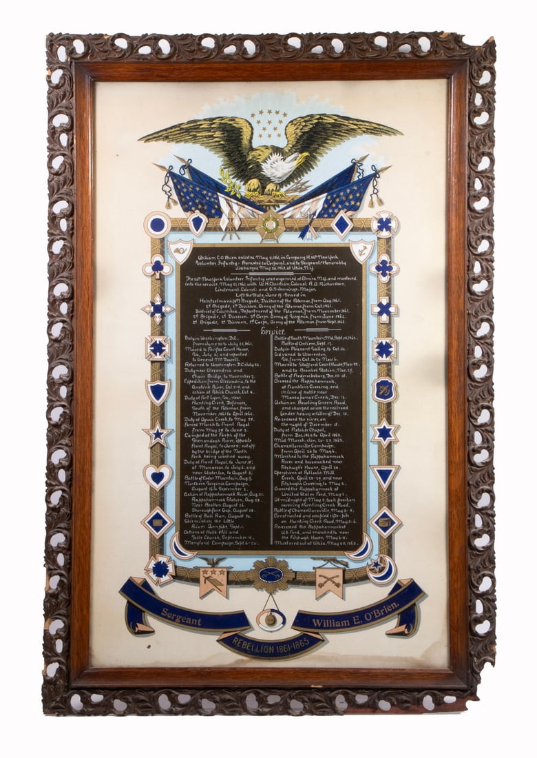 CIVIL WAR SERVICE RECORD, 26TH NY VOLS, FRAMED: Detailed Handwritten Service Record of Sergeant William E. O'Brien, 26th Regiment, New York Infantry, in reticulated wood frame under glass, 29 1/2", x 20 1/2" overall, loss to frame corners.Organized