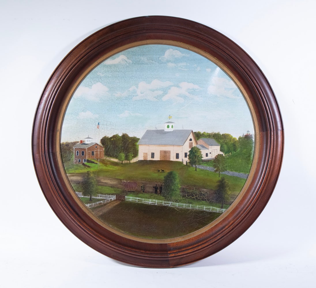 ROUND FOLK ART PAINTING OF A NEW YORK FARM: Scene of a Farm in West Henrietta New York with large cream painted barn and red carriage house, with two men, an oxen team with a boy, a dog and an American flag on pole, oil on canvas, unsigned, cir