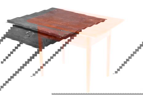 EARLY AMERICAN TAVERN TABLE: 18th c. Country Hepplewhite Rectangular Table, pegged construction in mixed woods, with 24" wide single pine board top, single drawer with brass drop-bail pull, set on square tapered legs. Converted d