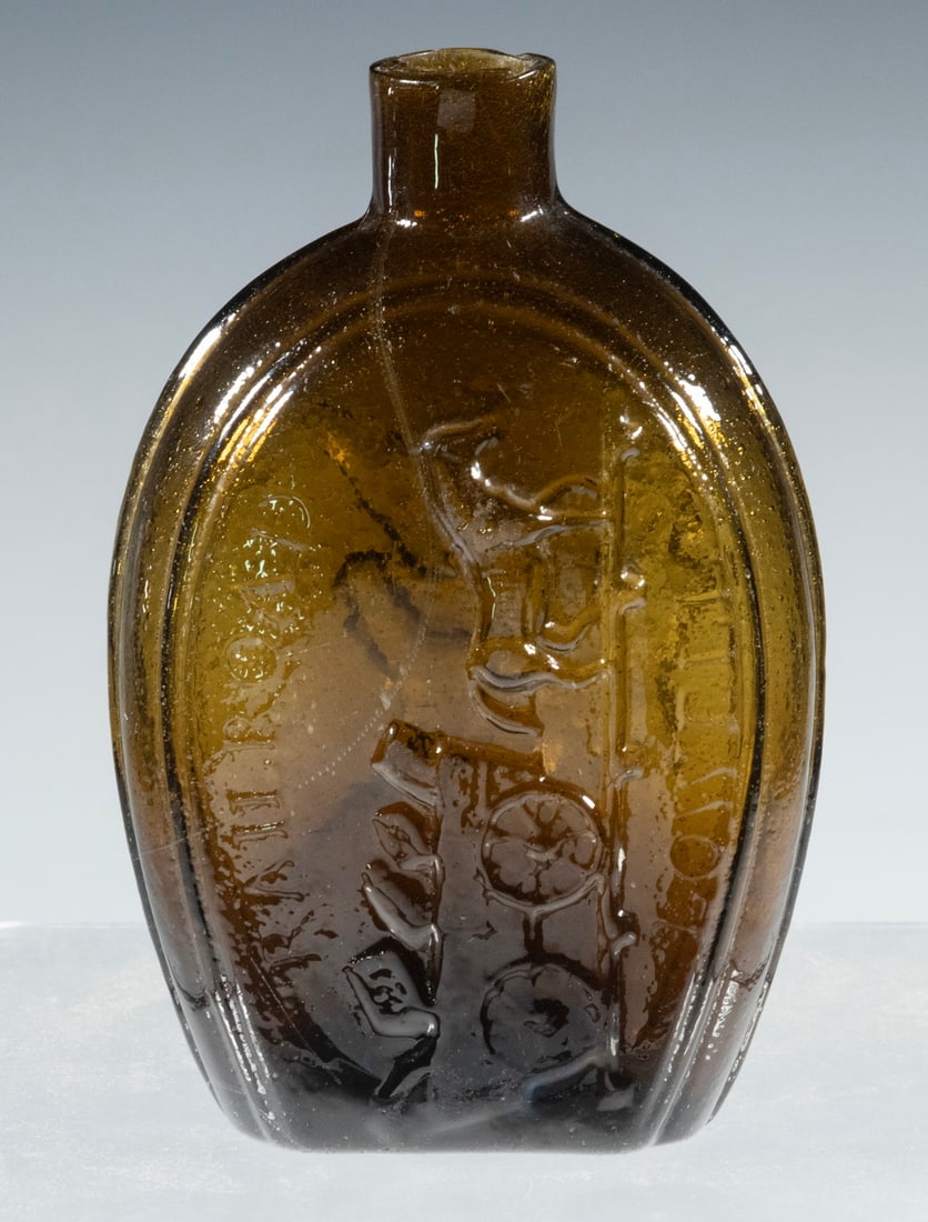 GV-10 "LOWELL RAILROAD" HORSE PULLING CART HISTORICAL FLASK: Mid-19th c. Half-Pint Blown Molded Pictorial Flask, in medium olive amber, one side embossed with horse & cart image and "Railroad/Lowell", the other side with raised eagle surrounded by thirteen star