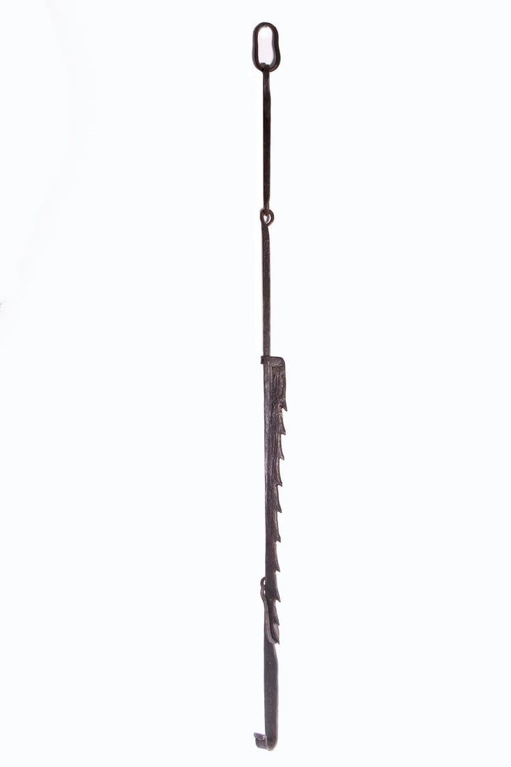 18TH C. FORGED HEARTH CRANE TRAMMEL: French Style Ratchet Trammel, 31" plus 14" drop chain. Converted dimensions: Overall: 45 in. (114.3 cm.)