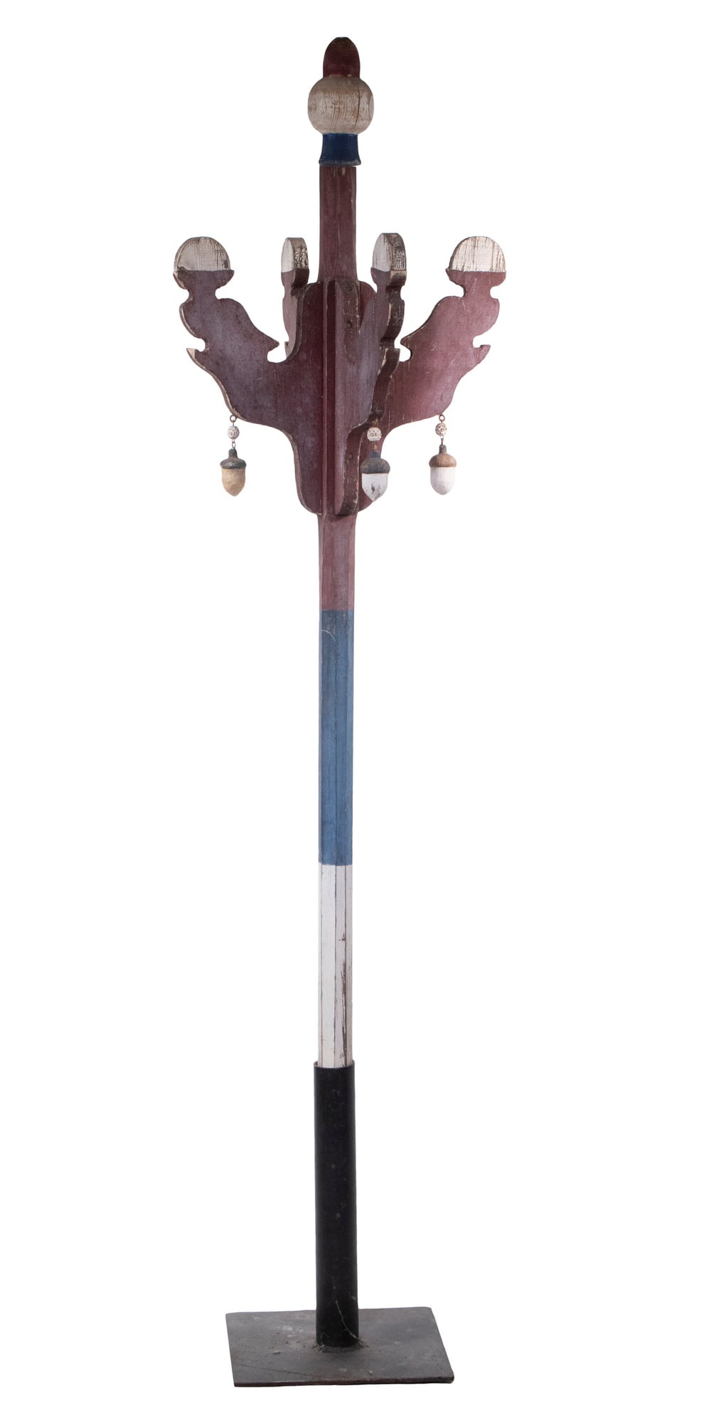 CIRCA 1890 AMERICAN FOLK ART BARBERS POLE: Painted Pine Street Trade Sign, in red, white and blue, having a six sided pole capped by four flange carpenter's gothic crown with inverted acorn on sphere finial and four pendant acorns. Includes bl