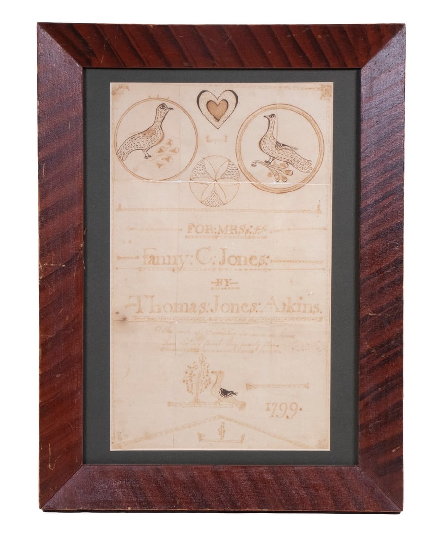 18TH C. PENN DUTCH WEDDING FRAKTUR: For Mrs. Fanny C. Jones: by Thomas Jones: Atkins, 1799, with love birds at top, ink on laid paper, in painted woodgrain mitered frame, matted under glass, folded, faded. Converted dimensions: Sight: 1