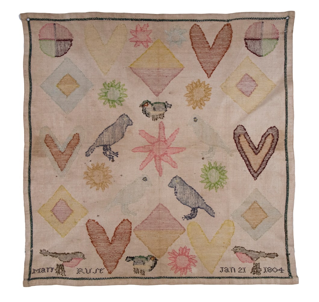 EARLY 19TH C. AMERICAN PICTORIAL SAMPLER, UNFRAMED: An arrangement of Polychrome Heart, diamonds and other geometric forms, featuring crows, robins, and bluebirds, signed "Mary Rust, Jan 21, 1804", loose, 13" x 13". Converted dimensions: 13 x 13 in. (3