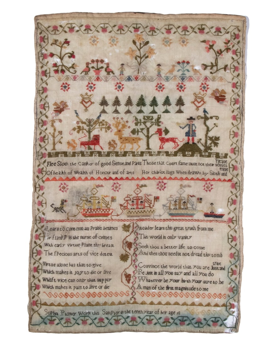 EARLY 19TH C. PICTORIAL SAMPLER WITH VERSE, UNFRAMED: Probably British, wool on fine linen, having a rose vine border, featuring a rank of three warships at center; a gathering of people, animals, flowers, fruit trees and a row of pines at top; at the bo