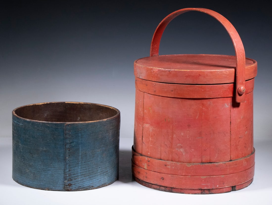 EARLY PAINTED FIRKIN & PANTRY BOX: (2) 19th c. Wooden Vessels, incl: Salmon painted firkin or sugar bucket by Wilder P. Clark, Winchendon, MA, having a bentwood handle with wooden pegs, wooden body bands with copper tacked tapered lap