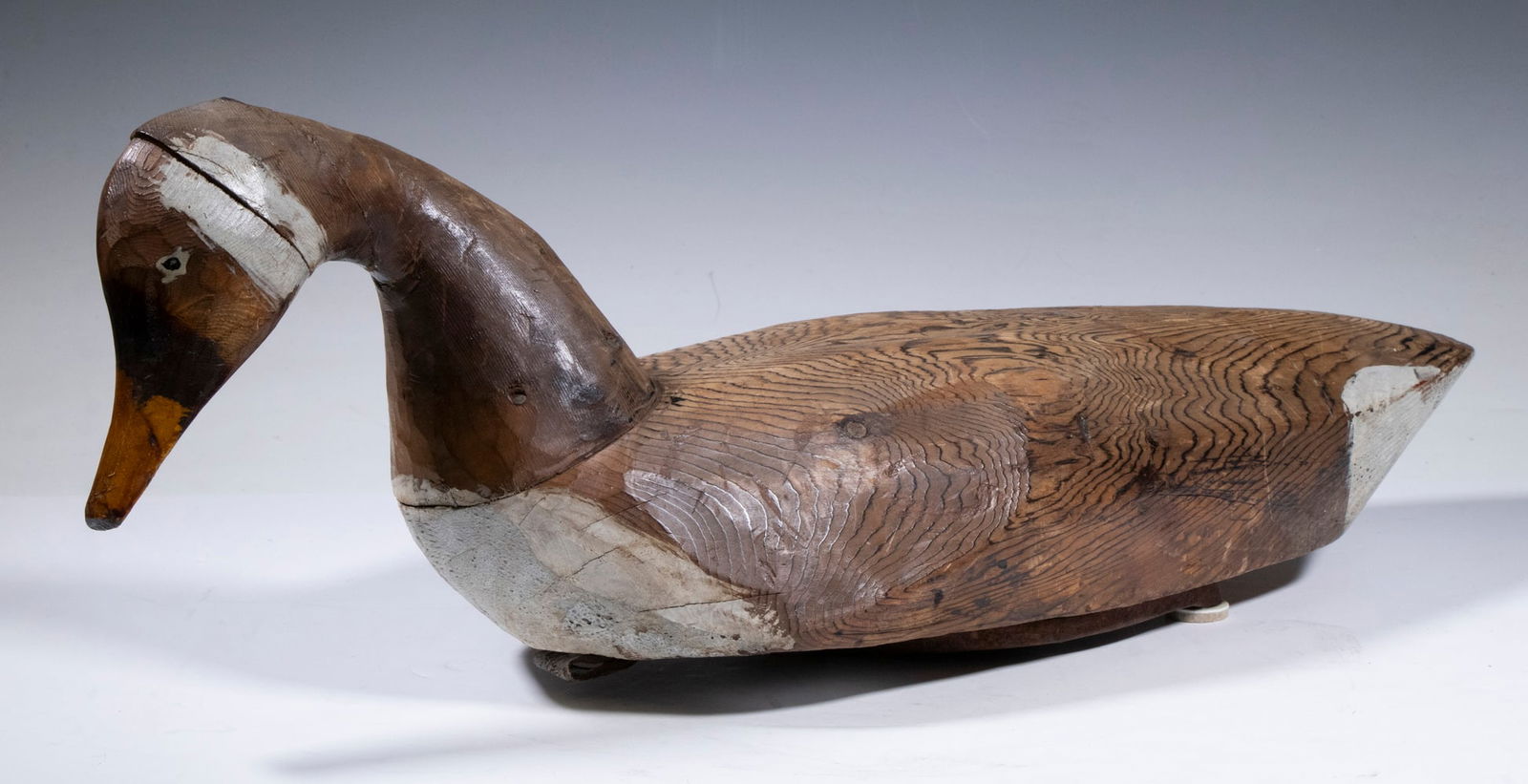 PRIMITIVE CARVED & PAINTED CANADA GOOSE DECOY: Rustic Working Decoy, in elm wood with horseshoe weight, painted features, 8 1/2" high, 23" x 7". Converted dimensions: 8 1/2 x 23 x 7 in. (21.6 x 58.4 x 17.8 cm.)