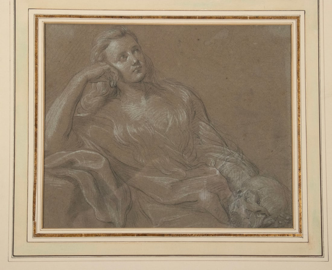 OLD MASTER DRAWING, UNFRAMED: Philosopher Contemplating Death, holding a Skull, chiaroscuro drawing in black and white chalk on grey laid paper, tipped to backing, unframed, having french ruled mat, in folio, 8" x 9 1/2" sheet, 12