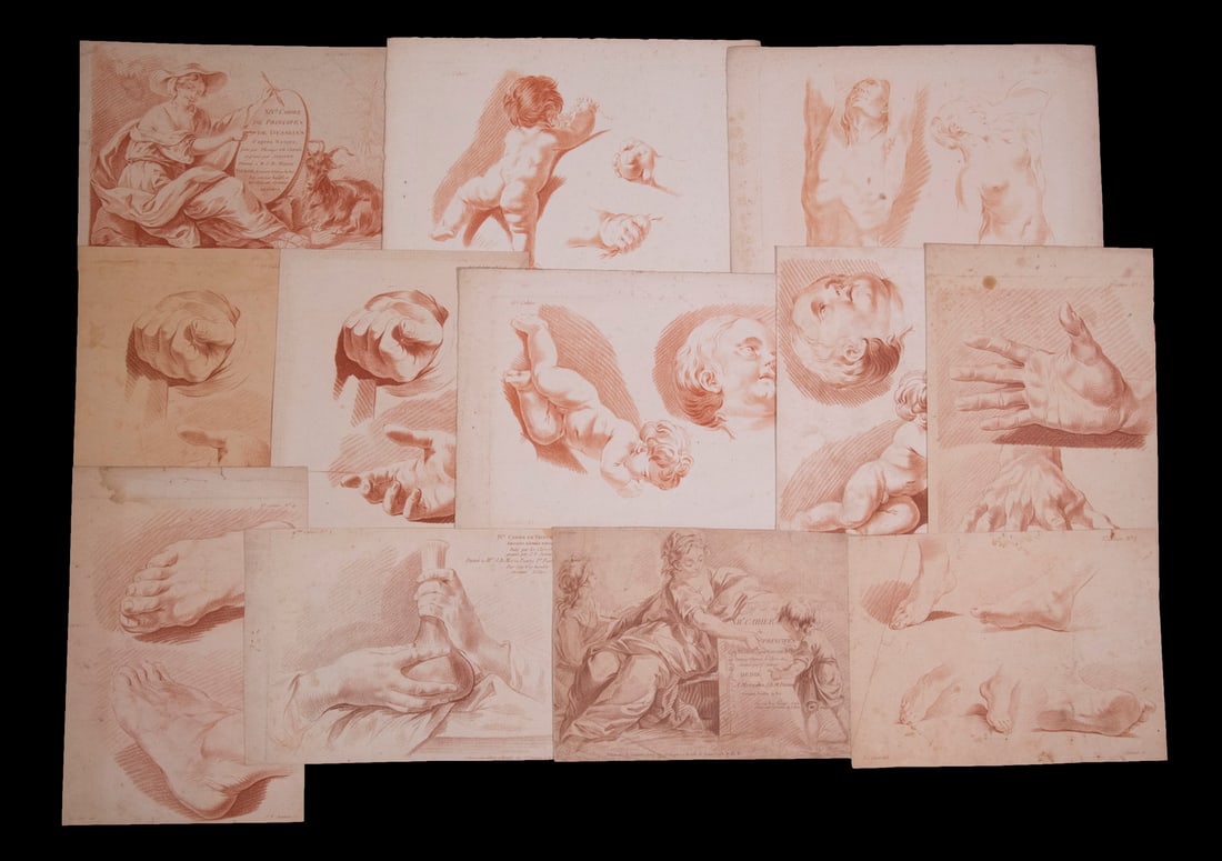 (15) 18TH C. LITHOS BY JEAN FRANCOIS JANINET (FRANCE, 1752-1814) + (3) LITHOS BY OTHERS OF THE SAME: A collection of (12) lithographs after the red chalk drawings of Pierre Thomas le Clerc (France, 1740-1791), contained in "XIV.e Cahier de Principes de Desseins" and including the title page of a woma