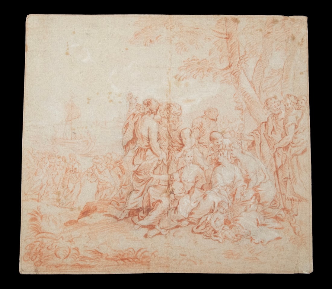 OLD MASTER DRAWING, UNFRAMED: Italian Renaissance Period Chiaroscuro Drawing in sanguine and white chalk on tan laid paper with 'R' watermark, unsigned, depicting a crowd of Classical figures gathered under a tree, boat anchored i