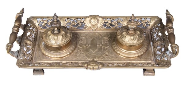 19TH C. TIFFANY & CO. BRASS DOUBLE INKWELL