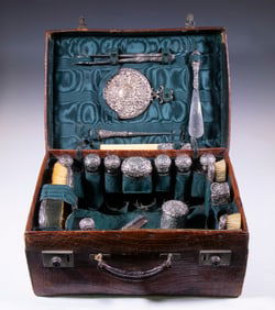 19TH C. ACTRESS JENNY GROSS' VANITY CASE W/ SILVER ACCESSORIES