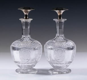 PR CUT GLASS DECANTERS WITH STERLING TOPS