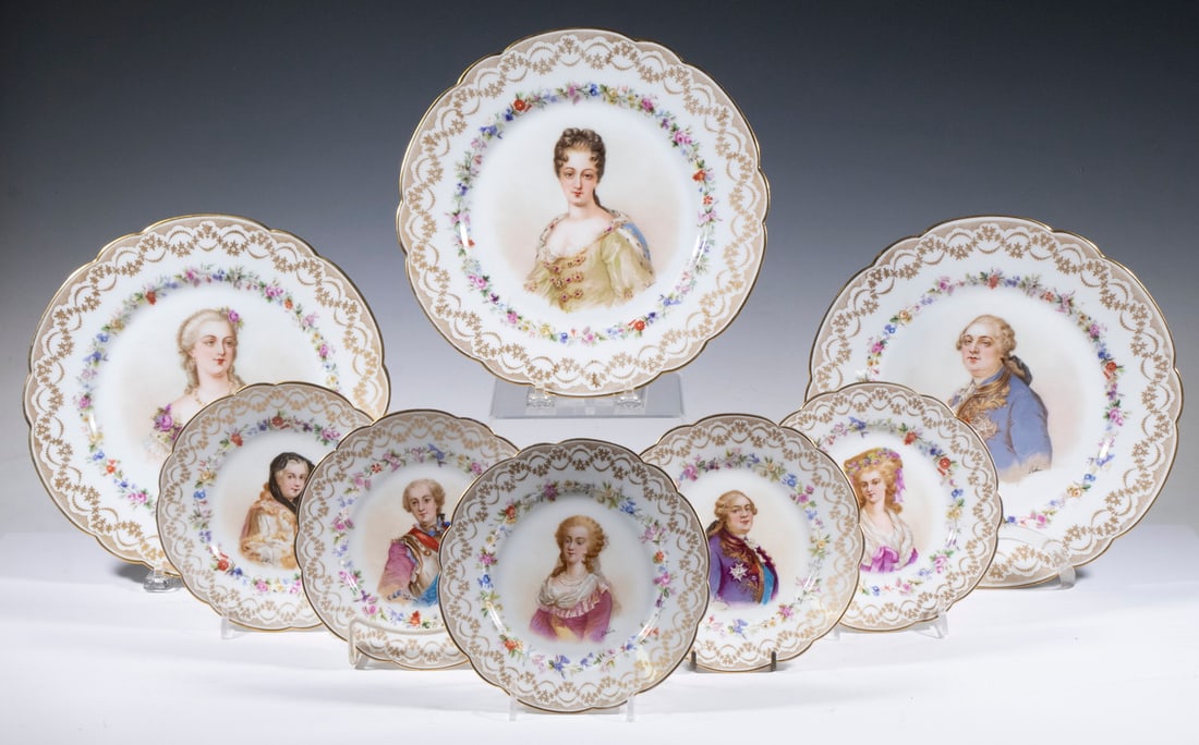 (8) SEVRES CHATEAU DES TUILERES SIGNED PORTRAIT PLATES: Group of (8) Circa 1900 French Porcelain Plates, model S.46, each centered with a hand painted portrait of an individual from the 18th c French court and with hand painted identification verso, all si