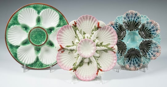 (3) MAJOLICA OYSTER PLATES