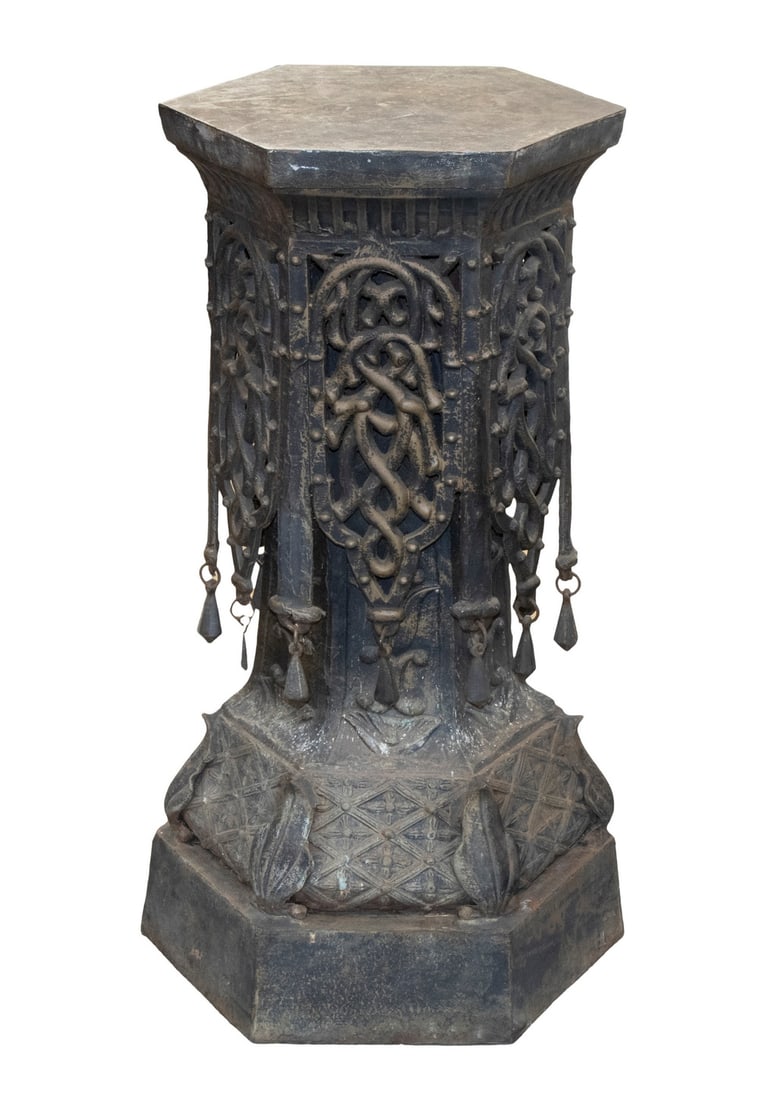 MOORISH STYLE CAST IRON PEDESTAL: Intricate 19th c. Display Pedestal, in black painted cast iron, with hexagonal top and base, reticulated side panels embellished with drop pendants, 37" high, 18" diam. Minor losses. Converted dimensi