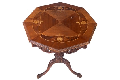 TRIPOD BASE CARVED & INLAID OCTAGONAL TEA TABLE