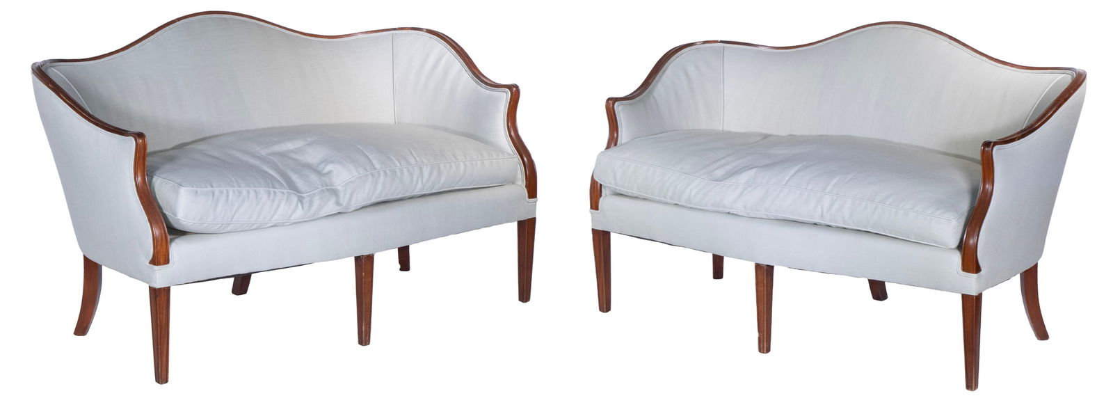 PR FRENCH STYLE LOVE SEATS: Pair of Vintage Mahogany Framed Canape Settees, with shaped backs and armrests, sage linen textured upholstery, removable seat cushion, shaped front, set on six square tapered legs. Converted dimensio